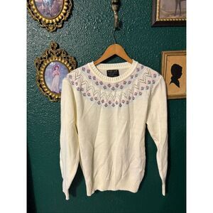 Vintage Cottage Core White Knit Sweater Sz Medium
